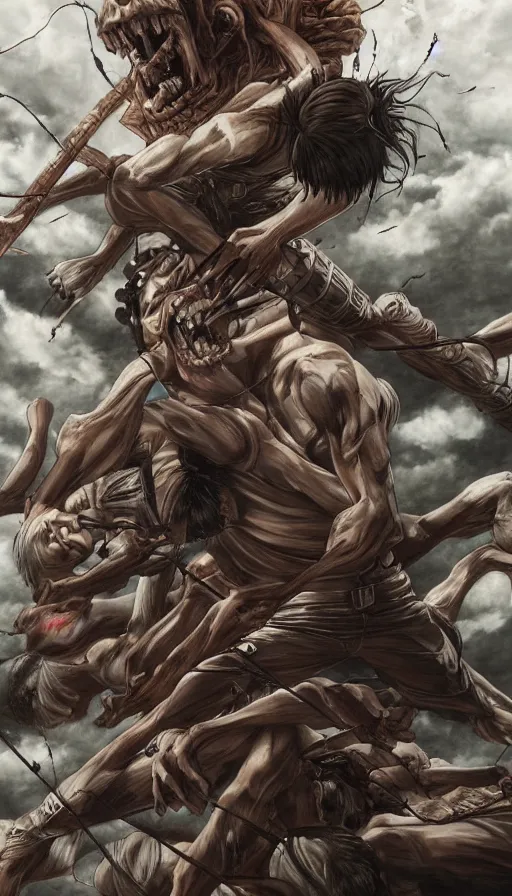 Prompt: stunning detailed attack on titan artwork by eugene von guerard