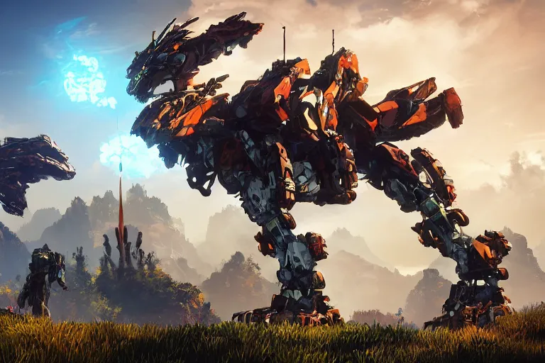 Image similar to stalker machine mecha animal beast robot of horizon forbidden west horizon zero dawn bioluminiscence global illumination ray tracing hdr fanart arstation by sung choi and eric pfeiffer and gabriel garza and casper konefal