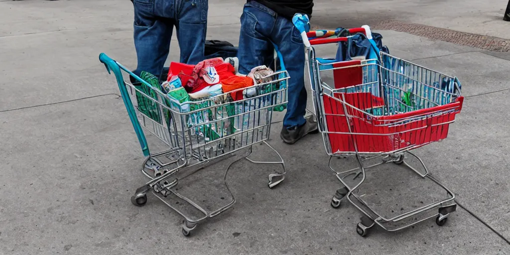 Image similar to a homeless person's shopping cart filled with dirty belongings, photorealistic