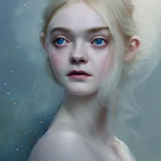 Image similar to a professional painting of Elle Fanning, clothed in ethereal armor, porcelain white skin, long blonde hair, beautiful bone structure, symmetrical facial features, intricate, elegant, digital painting, concept art, smooth, sharp focus, illustration, from Blade Runner 2049, by Ruan Jia and Mandy Jurgens and Artgerm and William-Adolphe Bouguerea