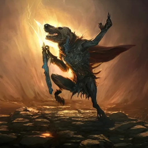 Image similar to Anthropomorphized Dog casting epic spell, magic the gathering artwork, D&D, fantasy, cinematic lighting, centered, symmetrical, highly detailed, digital painting, artstation, concept art, smooth, sharp focus, illustration, volumetric lighting, epic Composition, 8k, art by Akihiko Yoshida and Greg Rutkowski and Craig Mullins, heroic pose, oil painting, cgsociety, magic lab background