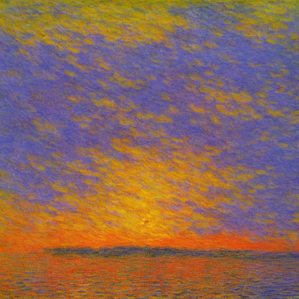 Image similar to an impasto oil painting of a stunning, colorful sunset painted by claude monet, complementary colors, golden ratio