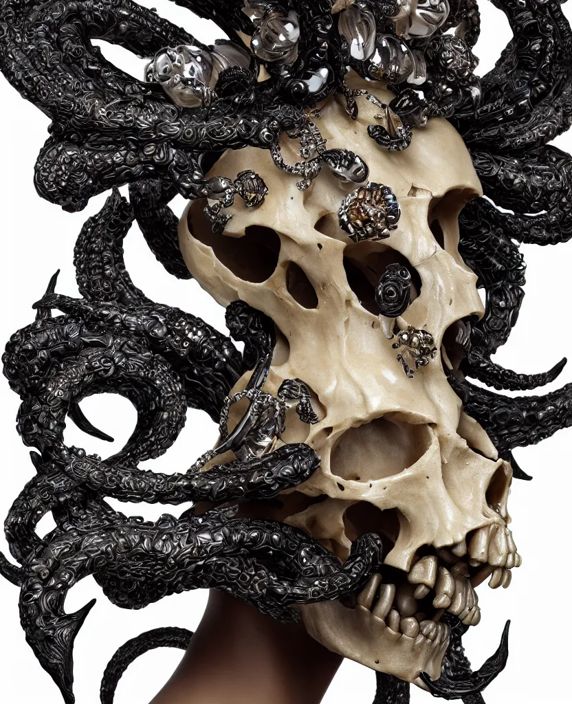 Image similar to goddess princess face close-up portrait ram skull. sculpture made of black stone with elements made of polished gold. jellyfish phoenix head, nautilus, orchid, skull, betta fish, bioluminiscent creatures, intricate artwork by Tooth Wu and wlop and beeple. octane render, trending on artstation, greg rutkowski very coherent symmetrical artwork. cinematic, hyper realism, high detail, octane render, 8k