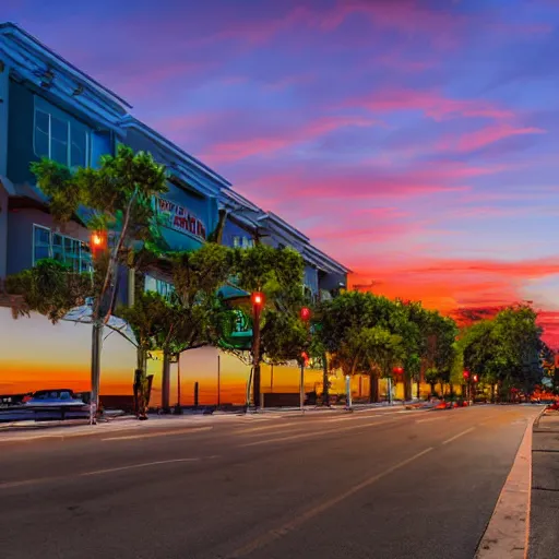 Image similar to chula vista 3 rd avenue landscape, highly detailed, sunset, glowing, 8 k