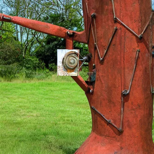 Image similar to rusty robot sitting by a tree, auction catalogue photo