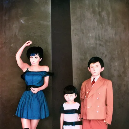 Image similar to photoshoot of friendly cyclops lookbook in Tokyo, color film photography, portrait of a beautiful family in style of Doisneau, 35mm, ektachrome