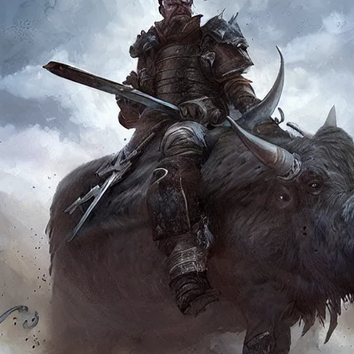 Image similar to Walter white as a dark fantasy warrior riding an armored yak, made by Greg Rutkowski