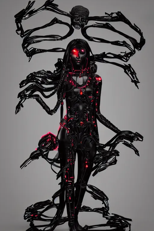 Image similar to full-body cyberpunk style sculpture of a young beautiful dark priestess, half android with a head opening exposing circuitry. glowing red eyes, black roses, flowing blood red colored silk, fabric, candles. baroque elements, human skull. full-length view. baroque element. intricate artwork by caravaggio. crows flying in background. Trending on artstation, octane render, cinematic lighting from the right, hyper realism, octane render, 8k, depth of field, 3D