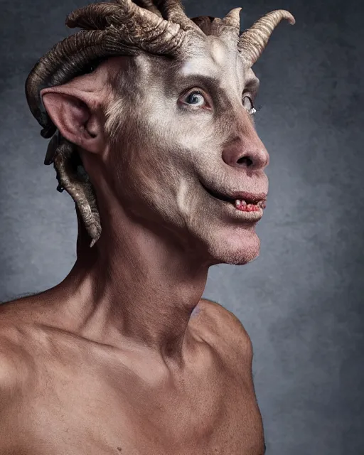 Image similar to Mauricio Macri in Elaborate Pan Satyr Goat Man Makeup and prosthetics designed by Rick Baker, Hyperreal, Head Shots Photographed in the Style of Annie Leibovitz, Studio Lighting