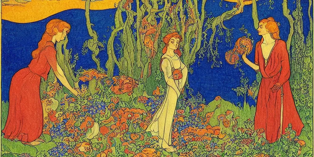 Image similar to a woman who moved to another planet with husband, hot weather, full growth, by Ivan Bilibin, Russian fairytales illustration