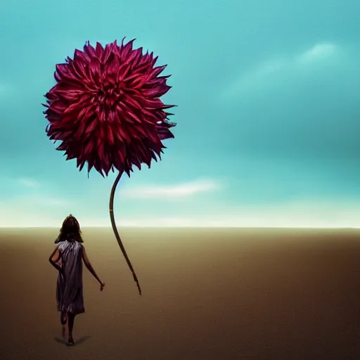 Image similar to closeup giant dahlia flower as head, a girl walking between dunes, surreal photography, sunrise, blue sky, dramatic light, impressionist painting, digital painting, artstation, simon stalenhag