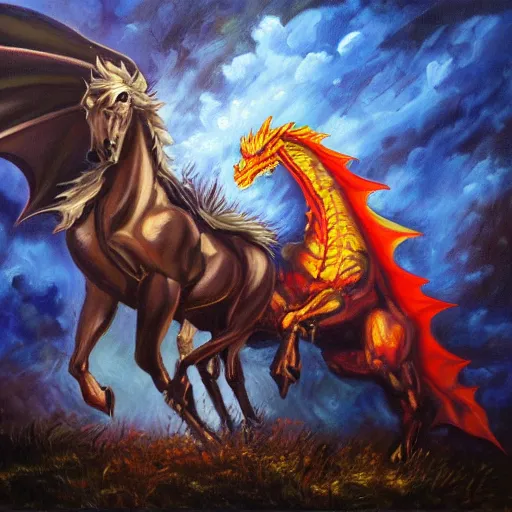 Prompt: oil painting horses mixed with dragon at night backlit