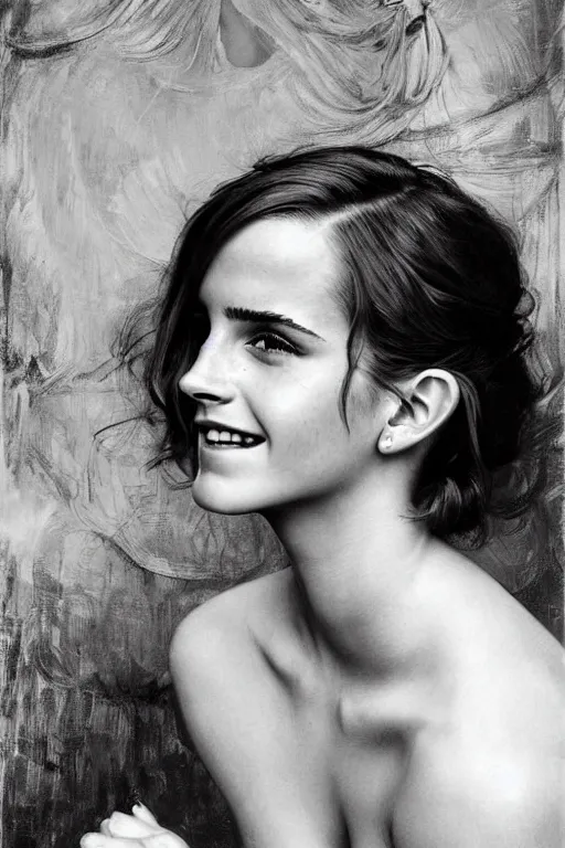 Prompt: emma watson smiling looking up detailed portrait painting by gaston bussiere craig mullins j. c. leyendecker photograph by richard avedon peter lindbergh