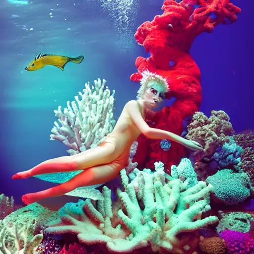Prompt: medium format photograph of a surreal fashion shoot underwater with tropical fish and coral reefs