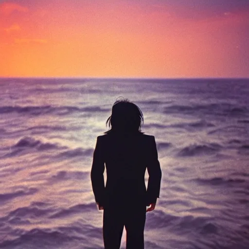 Image similar to japanese man with long hair in a suit standing in the ocean facing the camera, wide shot, far away, zoomed out, sunset, album cover, 1980, tatsuro yamashita, ride on time