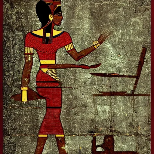 Prompt: Ancient Egypt Art, art of A person using a computer in art style of ancient art, fragmented, a person using a computer!!!!! Ancient Egypt art