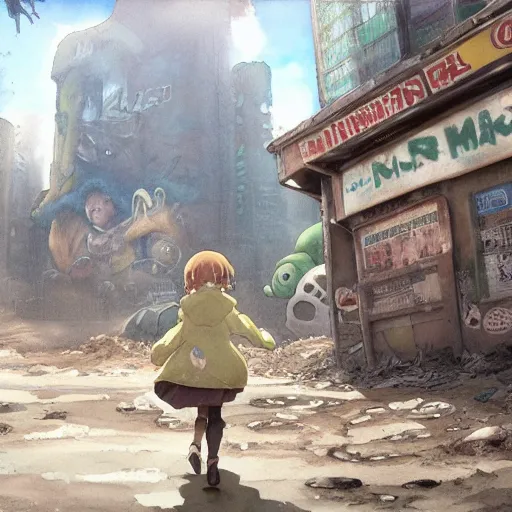 Prompt: incredible wide screenshot, ultrawide, simple watercolor, rough paper texture, made in abyss movie scene, backlit distant shot of girl in a parka running from a giant moster invasion side view, yellow parasol in deserted dusty shinjuku junk town, broken vending machines, bold graphic graffiti, old pawn shop, bright sun bleached ground, mud, fog, dust, windy, scary robot monster lurks in the background, ghost mask, teeth, animatronic, black smoke, pale beige sky, junk tv, texture, dusty, dry, pencil marks, genius party,shinjuku, koji morimoto, katsuya terada, masamune shirow, tatsuyuki tanaka hd, 4k, remaster, dynamic camera angle, deep 3 point perspective, fish eye, dynamic scene