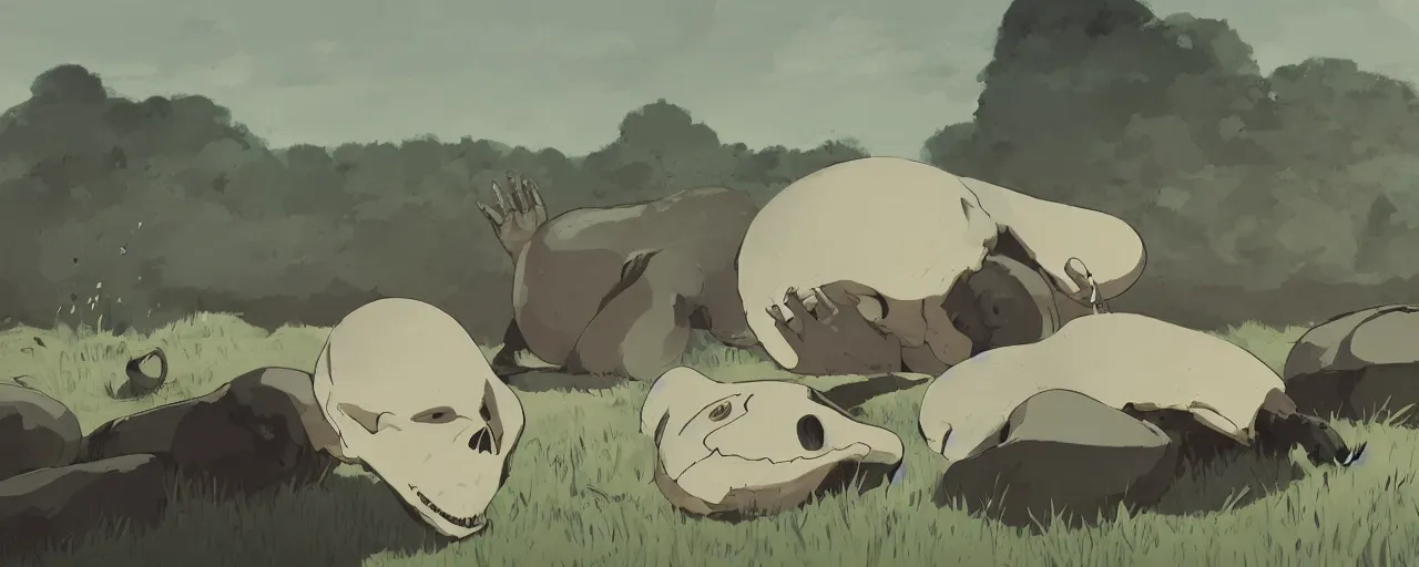 Image similar to seal bones and skull, in river mud, atey ghailan, goro fujita, studio ghibli, rim light, sad, very dark fading to black, clear focus, very coherent