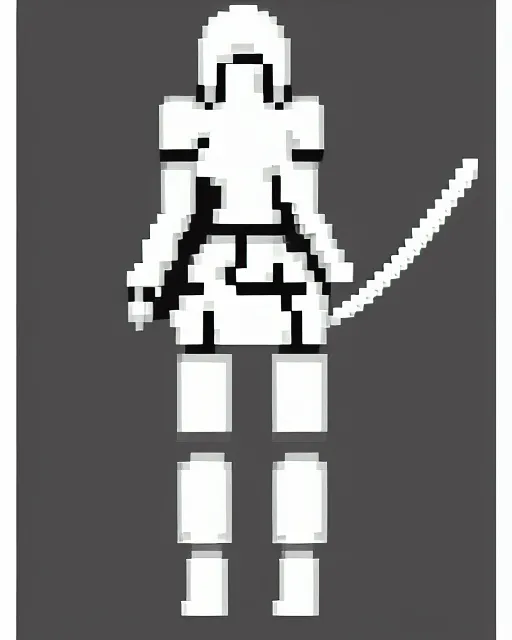 Prompt: a pixel single sprite of a girl holding a sword, in white futuristic armor, pixel art, isometric, 1 6 px x 1 6 px, 2 d game art, 1 6 bit, dynamic pose, # pixelart