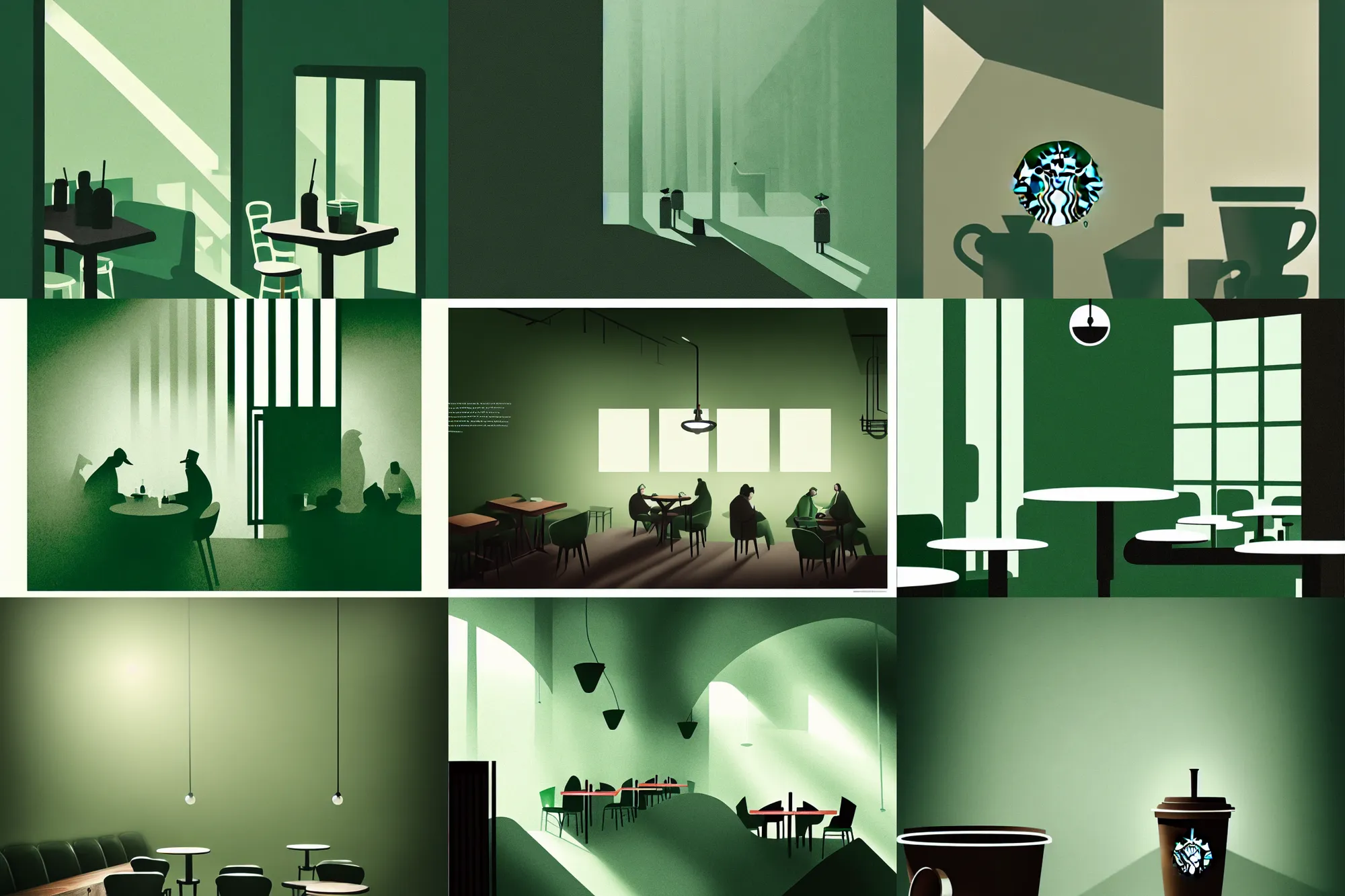 Prompt: editorial illustration by karolis strautniekas and mads berg, illustrated starbucks interior, low fog, fine texture, detailed, ( ( green white brown ) ), muted colors, dramatic lighting, dynamic composition, vivid, matte print, wide angle, ( ( sunbeams ) ), moody