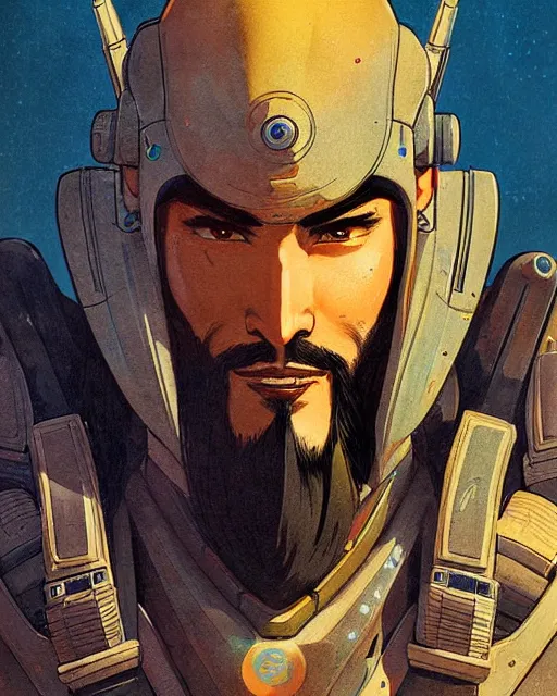 Image similar to hanzo from overwatch, character portrait, portrait, close up, concept art, intricate details, highly detailed, vintage sci - fi poster, retro future, vintage sci - fi art, in the style of chris foss, rodger dean, moebius, michael whelan, and gustave dore