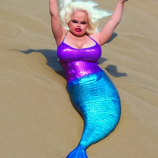 Prompt: mermaid trisha paytas on the beach