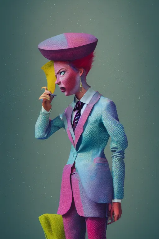 Image similar to a scene with a character wearing a super colorful muted color diy! suit, vivienne westwood!, detailed photoreal render octane render, pointillism, oil on canvas