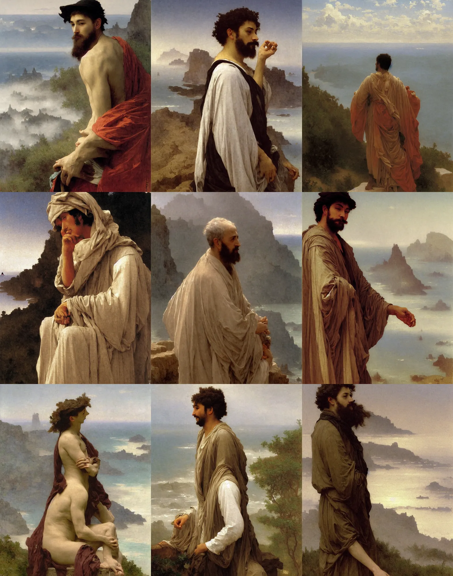 Prompt: high detail high quality painting portrait of wise man looking at the coast with fog by bouguereau and james jean