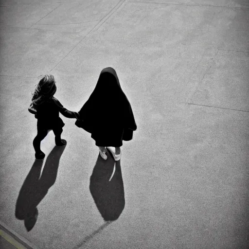 Image similar to the grim reaper losing a game of hopscotch to a little girl, photography