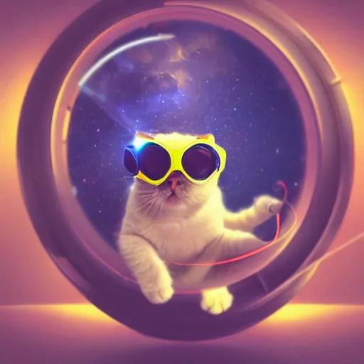 Image similar to a cute cat wearing a space helmet floating through an inter-dimensional gateway in space, dramatic lighting, cinematic, digital art