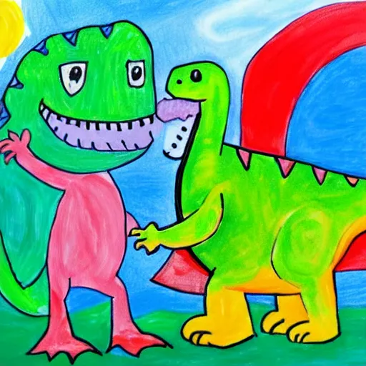 Image similar to a child's painting of a friendly dinosaur