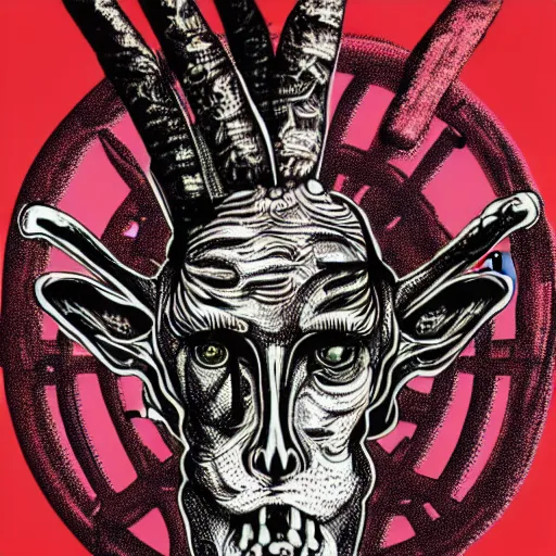 Image similar to graphic illustration, creative design, baphomet, biopunk, francis bacon, highly detailed, hunter s thompson, mixed media