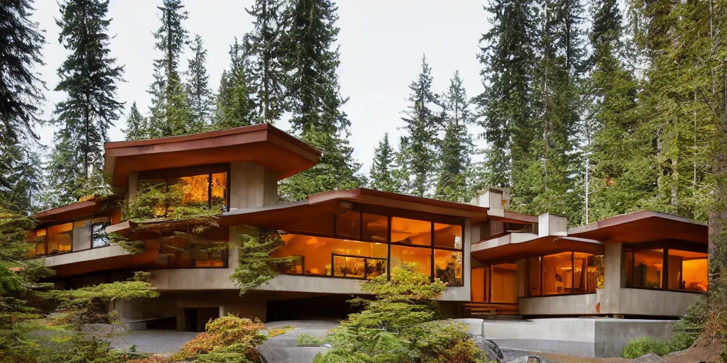 Image similar to very large modern lodge residence, pacific northwest, concrete and cedar, many large windows, designed by frank lloyd wright