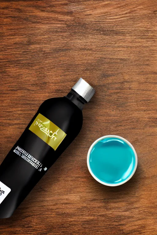 Image similar to art concept of a modern liquid dietary supplement in a black bottle designed like a racing tyre mixed with a an exotic woodboard, teal tones, style by aenaluck