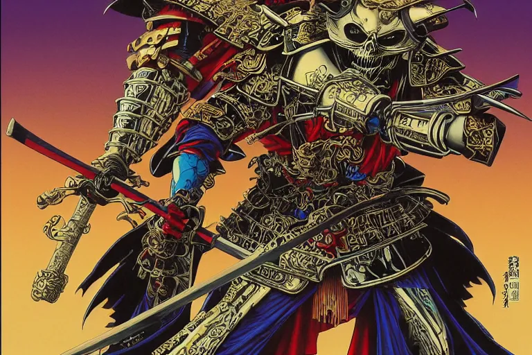 Prompt: poster of a skeletor samurai with japanese armor and helmet, by yoichi hatakenaka, masamune shirow, josan gonzales and dan mumford, ayami kojima, takato yamamoto, barclay shaw, karol bak, yukito kishiro