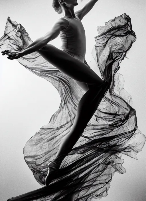 Image similar to a photorealistic dramatic hyperrealistic render photography of a glamorous beautiful female dancer by ken brower and deborah ory of nyc dance project, lois greenfield, flowing cloth and smoke, beautiful dynamic dramatic dark moody lighting, beautiful intricate face, volumetric, shadows, artgerm, alphonse mucha, cinematic atmosphere, octane render, 8 k