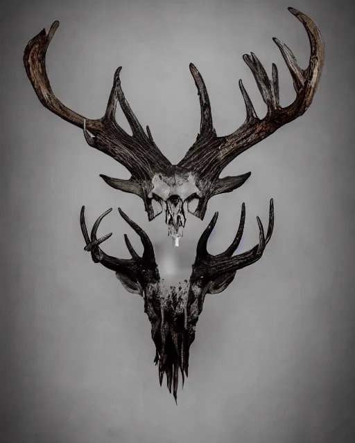 Image similar to deer - skull ghost - spirit of the grim - warpaint wears the scarlet skull armor and native blood headdress antlers, midnight fog - mist!, cinematic lighting, various refining methods, micro macro autofocus, ultra definition, award winning photo, photograph by ghostwave - gammell - giger - shadowlord