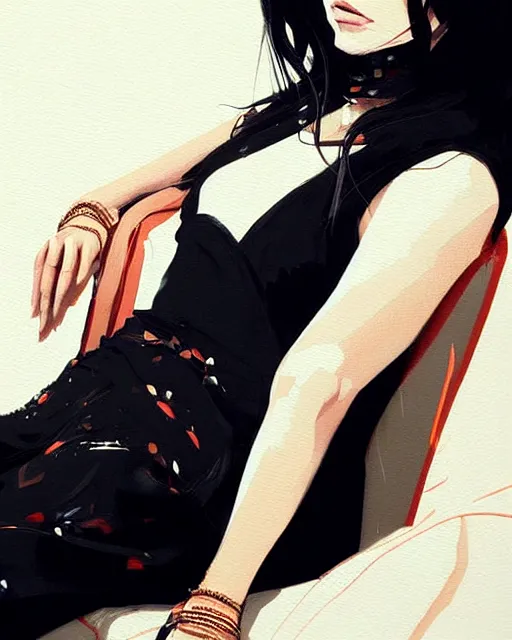 Image similar to a ultradetailed beautiful painting of a stylish woman sitting on a couch, by conrad roset, greg rutkowski and makoto shinkai trending on artstation