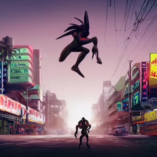 Prompt: gigantic building hovering above a city, long thick cables and trash hanging from underneath, smoke and thick dust in the air, rays of light, neon billboards and dried palmtrees in the streets, a mutant wrestler in fighter pose levitates in the center of the epic scene, scifi, illustration