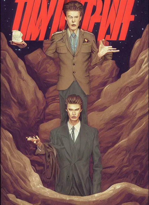 Prompt: twin peaks poster art, david bowie is confronted by the gatekeeper, old retro pulp, by michael whelan, rossetti bouguereau, artgerm, retro, nostalgic, old fashioned