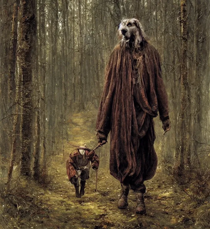 Prompt: slavic dog head man, woolen torso in medieval clothes, walking in the forest, orthodox saint christopher, art by luis royo, oil painting, painting by viktor vasnetsov, concept art, hyperrealism, beautiful, high resolution, trending on artstation,