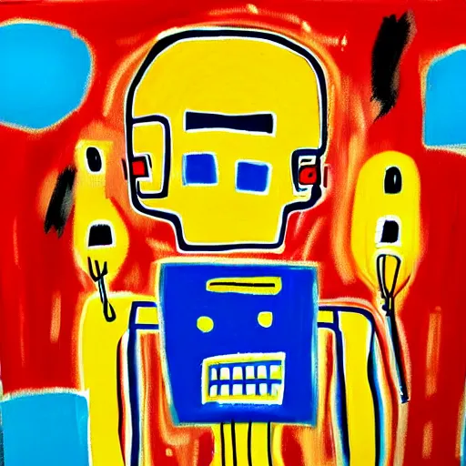 Image similar to painting of a Robot that has feelings in the style of Basquiat