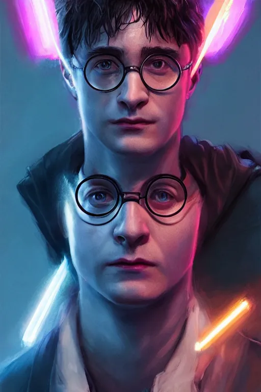 Image similar to Portrait of Harry Potter in cyberpunk, implants, neon cinematic lighting, digital art from artstation by Ruan Jia and Mandy Jurgens and Artgerm and william-adolphe bouguereau and Greg Rutkowski and Wayne Barlowe