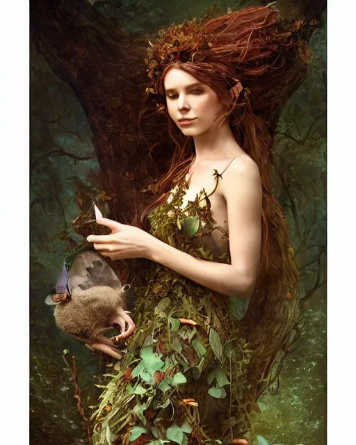 Prompt: dryad musician, portrait, accompanied by a feathered mouse, studio lighting by jessica rossier and brian froud and gaston bussiere