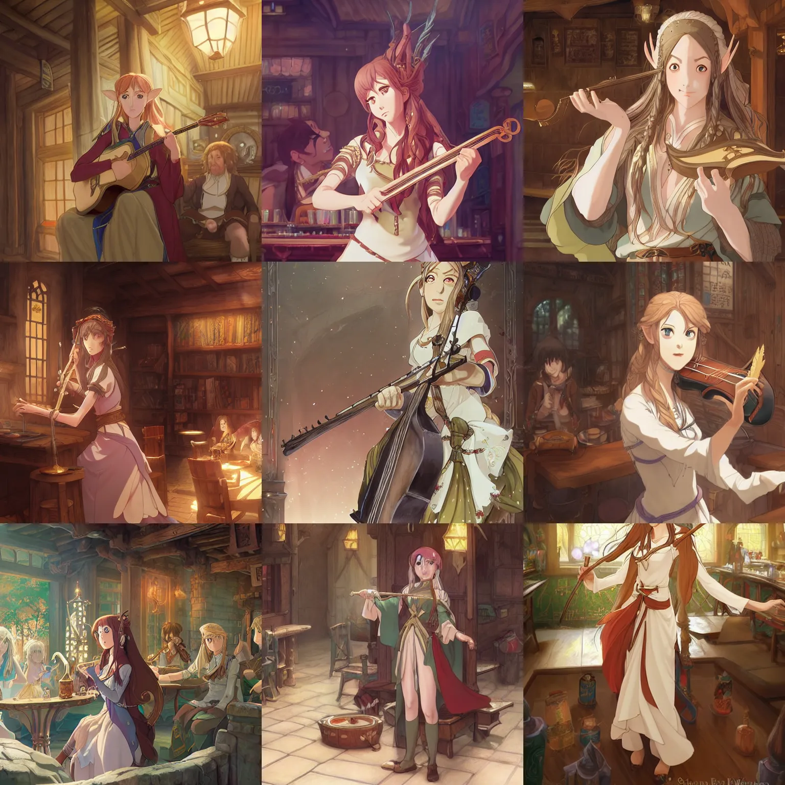 Prompt: Portrait of a female elven bard playing a song in a tavern, fantasy, defined facial features, highly detailed, digital illustration, Kyoto Animation and Studio Ghibli anime screenshot, by Makoto Shinkai and Krenz Cushart
