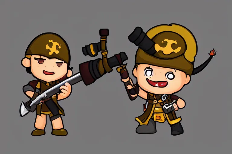 Image similar to little man with a pirate hat holds a bazooka, chibi, game character design