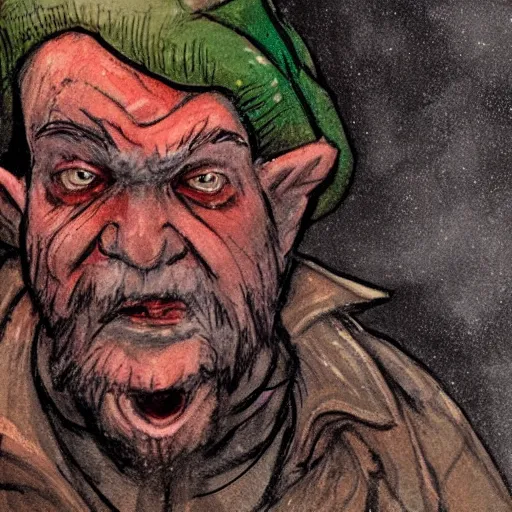 Prompt: an angry, grimy, dirty, grumpy [ old ], miner elf ( with red hat and a glowing latern ) in a pitch black mine, looks into the camera. angry kubrick stare, low key lighting, high contrast, faux painting, fairy tale illustration, character concept art by ivan bilibin inspired by over the garden wall ( 2 0 1 4 )