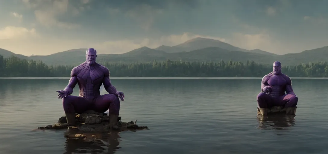 Image similar to a very high resolution image from a new movie. thanos sitting on chair in a lake, photorealistic, photography, directed by wes anderson