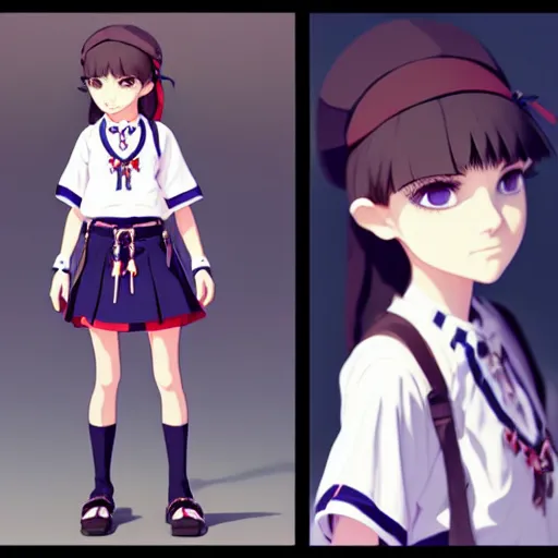 Image similar to a beautiful! boyish! natalie portman model, wearing catholic school girl outfit with mayan pattern and native style, jrpg aztec street fashion, gapmoe yandere grimdark, trending on pixiv fanbox, painted by greg rutkowski makoto shinkai takashi takeuchi studio ghibli, akihiko yoshida