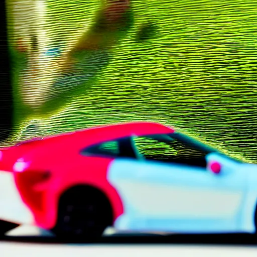 Image similar to a red haired woman driving a Jada toys mitsubishi eclipse green diecast car, high resolution macro photo, viewed through the cars window